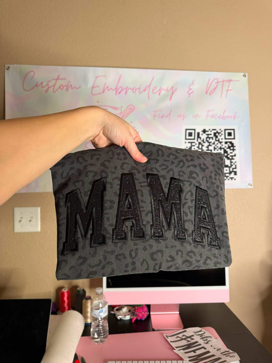 Dark leopard mama embroidered Glitter T shirt